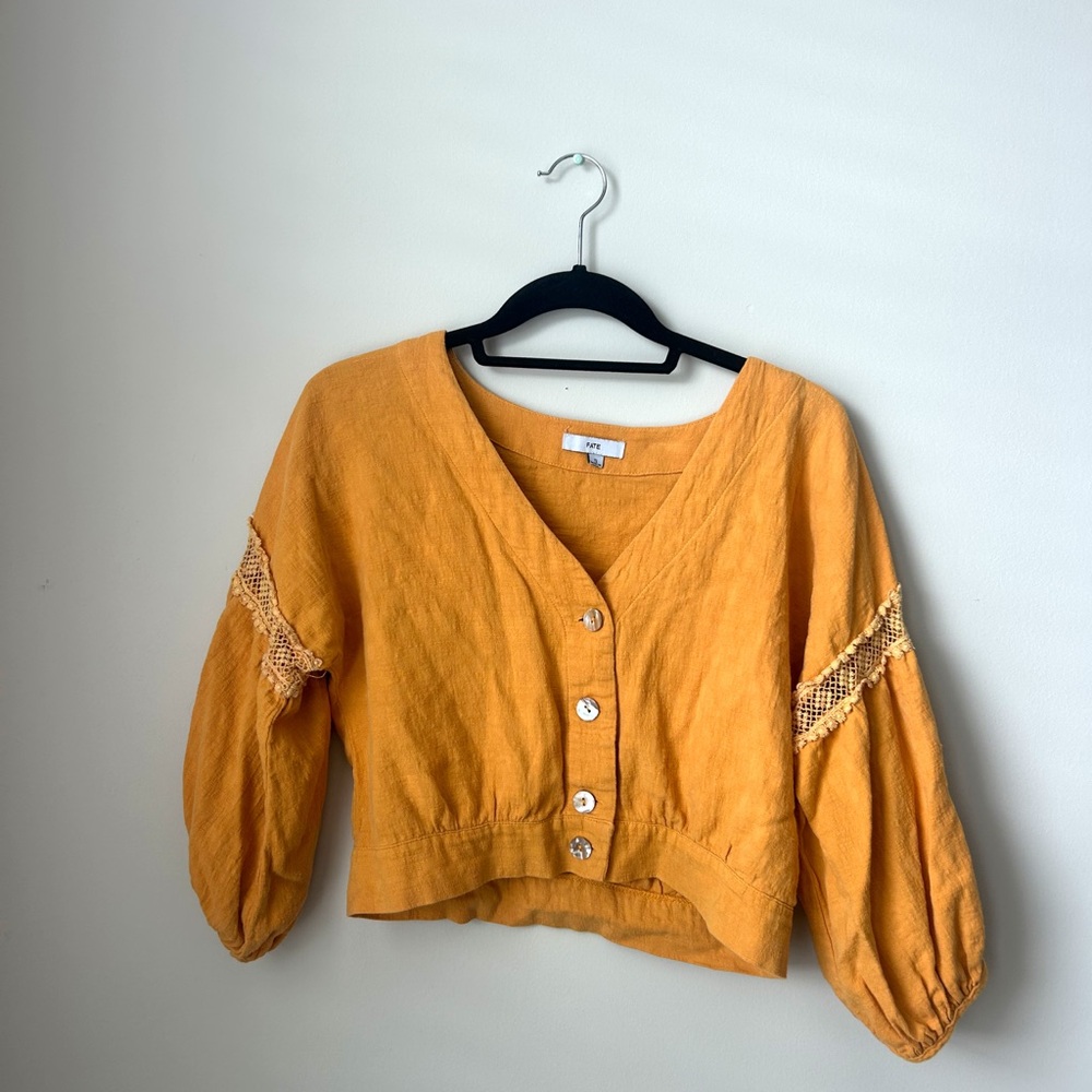 Fate Mustard Linen Button-Up Crop Top